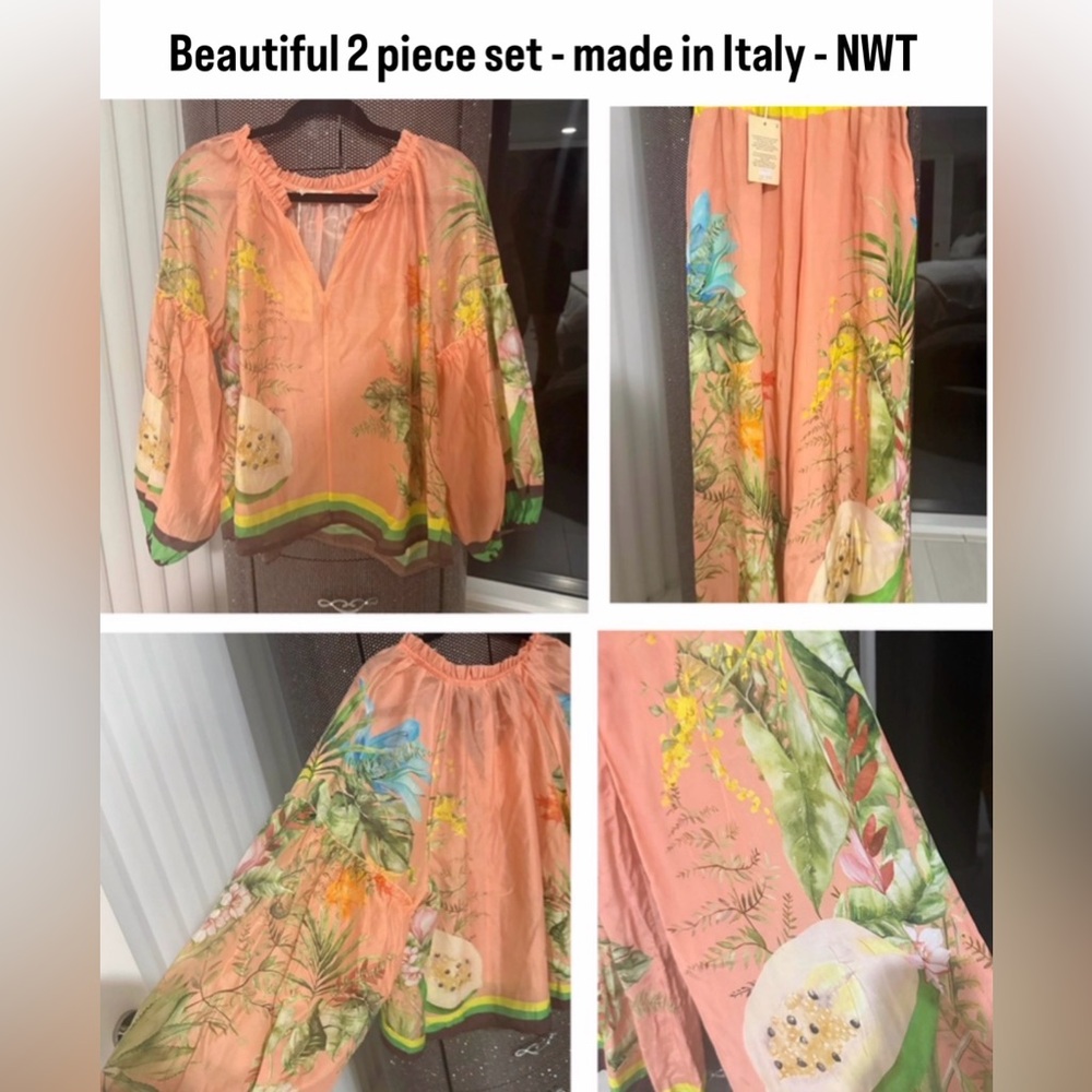 Floral Peach Blouse and Pant Lounge Set Made in Italy new with tags 2 piece set